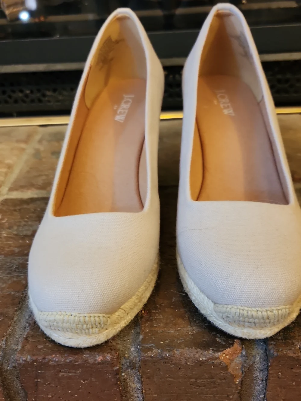 J Crew Factory Tan Beige Wedge Heels Canvas Size 9 Round Toe Espadrille